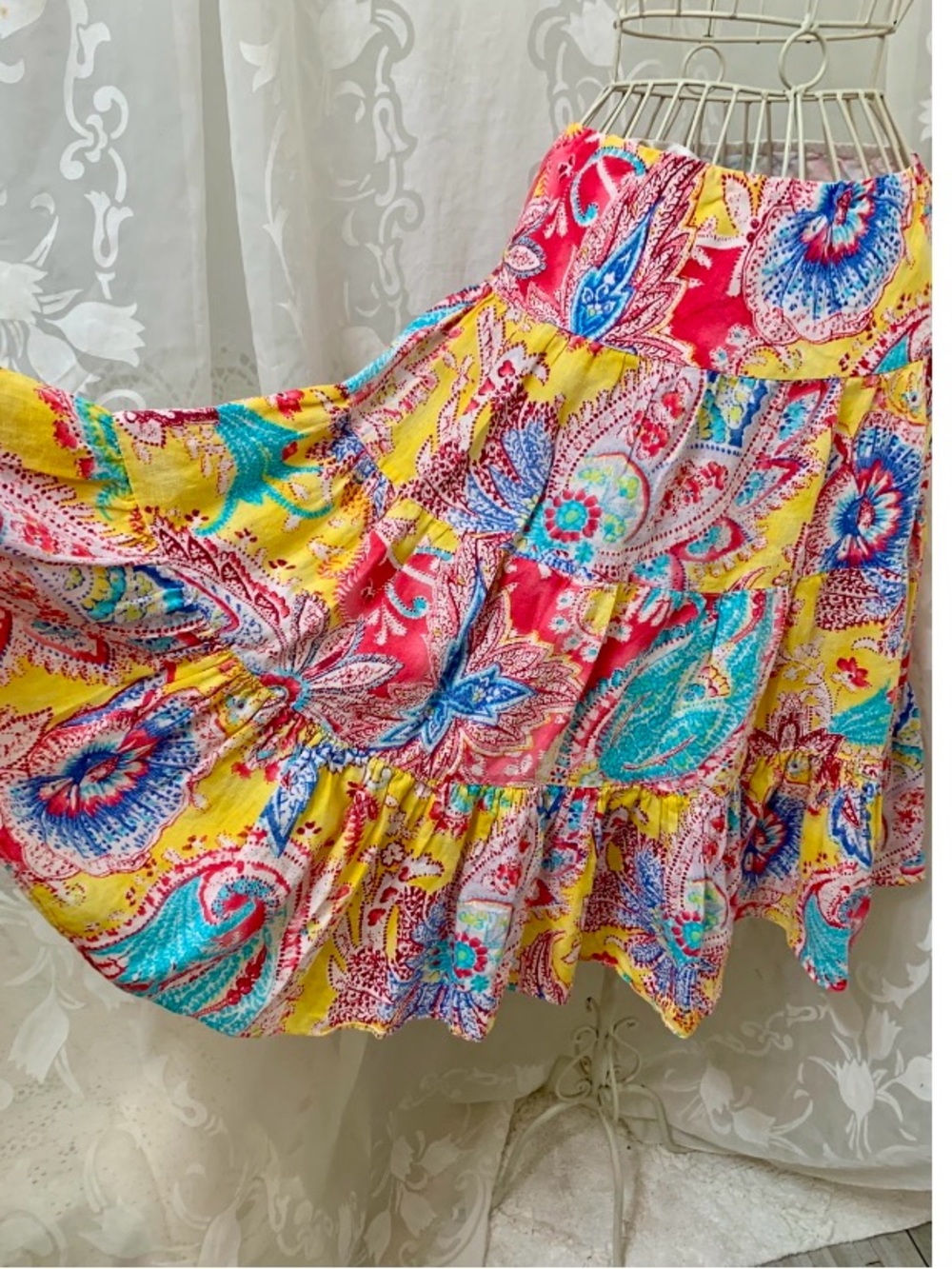 Lauren Ralph Lauren Linen Tiered Skirt Midi Size P/P Vibrant Multi Color Paisley